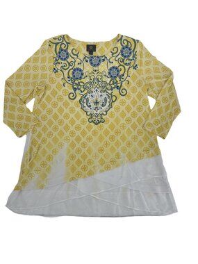 JM Collection Yellow Medallion Geometric Tunic Top Medium NWT Layered Hem
